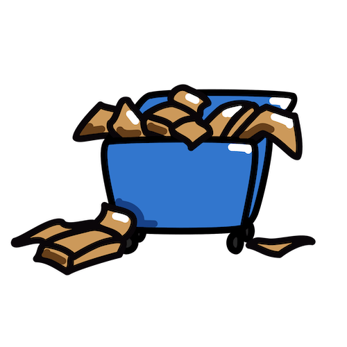 Illustration einer überfüllten Blauen Tonne, Kartonagen liegen auch daneben